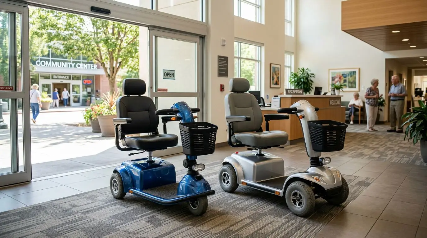 Generic 3-wheel and 4-wheel mobility scooters shown side by side for comparison
