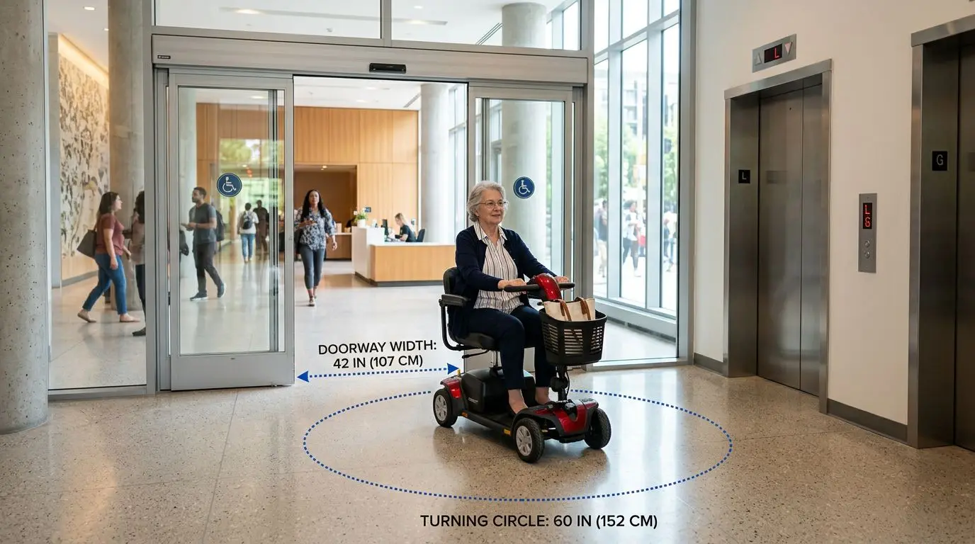 Mobility scooter user in an accessible public lobby with wide doors and elevator