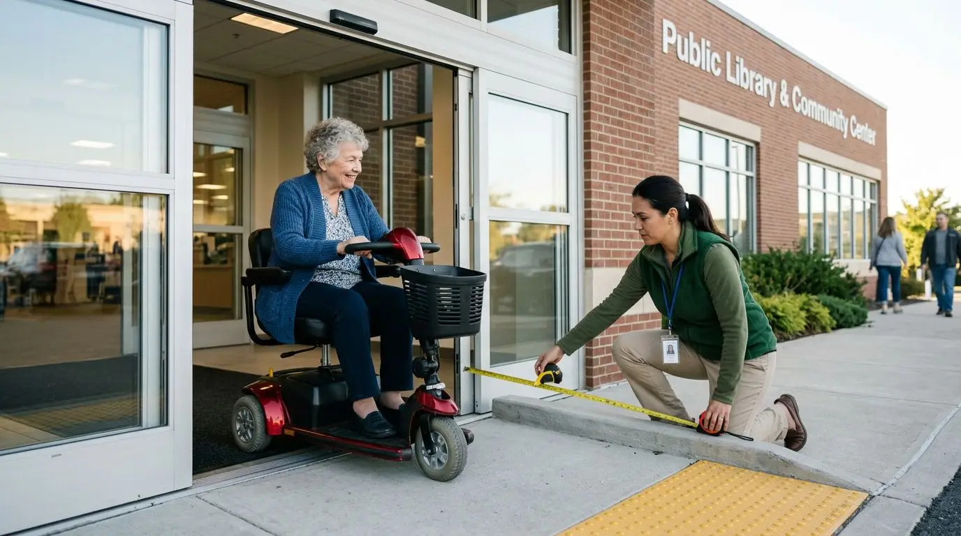 Older adult on a mobility scooter checking an accessible doorway and ramp