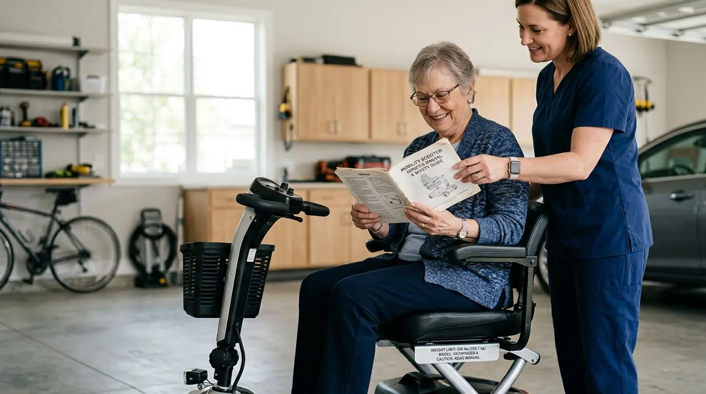 Older adult checking mobility scooter manual before considering an extra seat