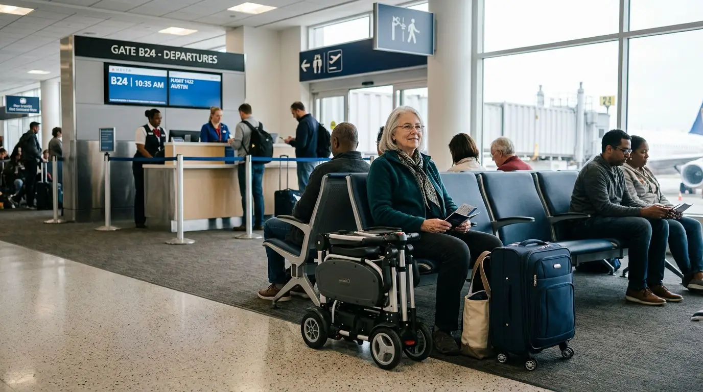 Older traveler with a folding mobility scooter at an airport gate