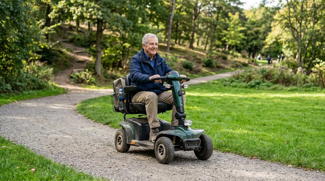 Senior rider on an all-terrain mobility scooter traveling along a gravel path near grass