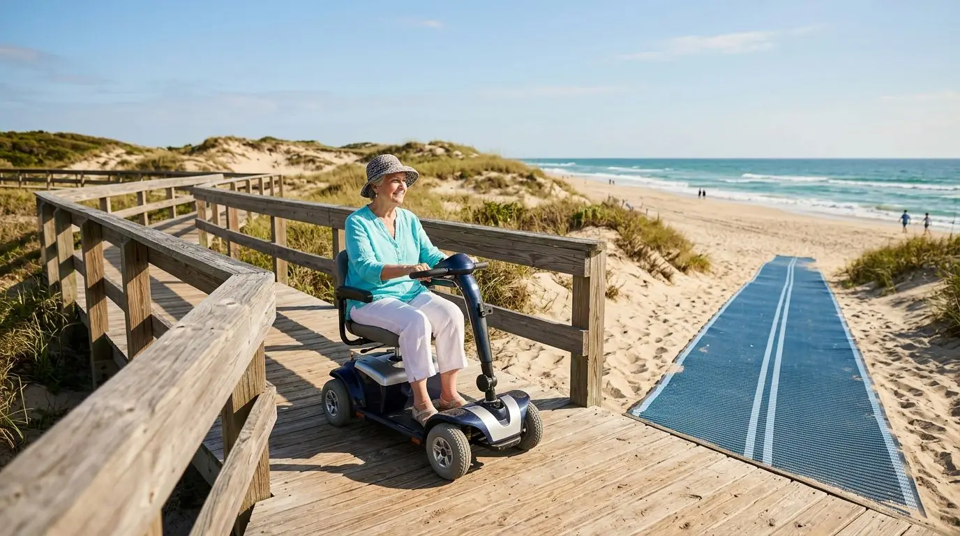 Senior rider using a mobility scooter on a beach boardwalk near an accessible sand mat