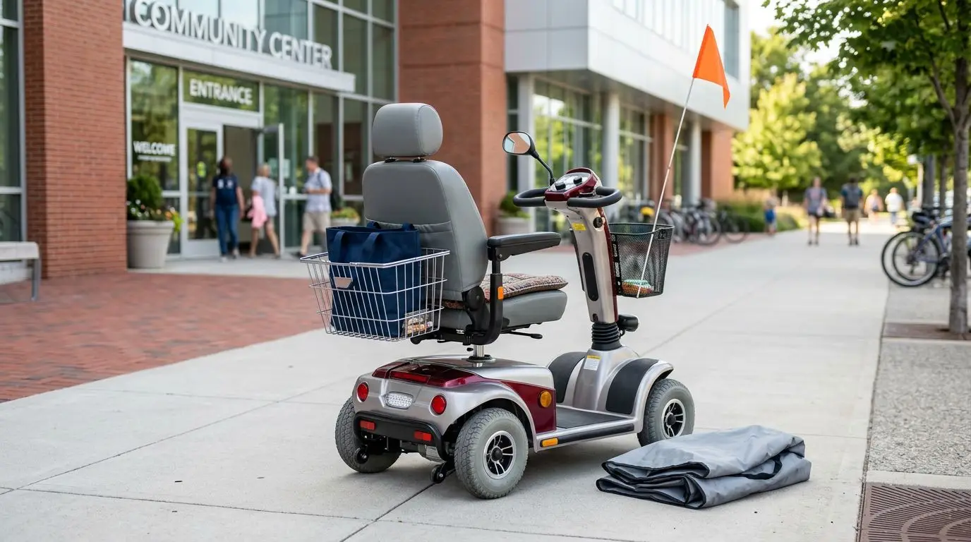 Mobility scooter with daily-use accessories including basket, mirror, flag, cushion, and weather cover