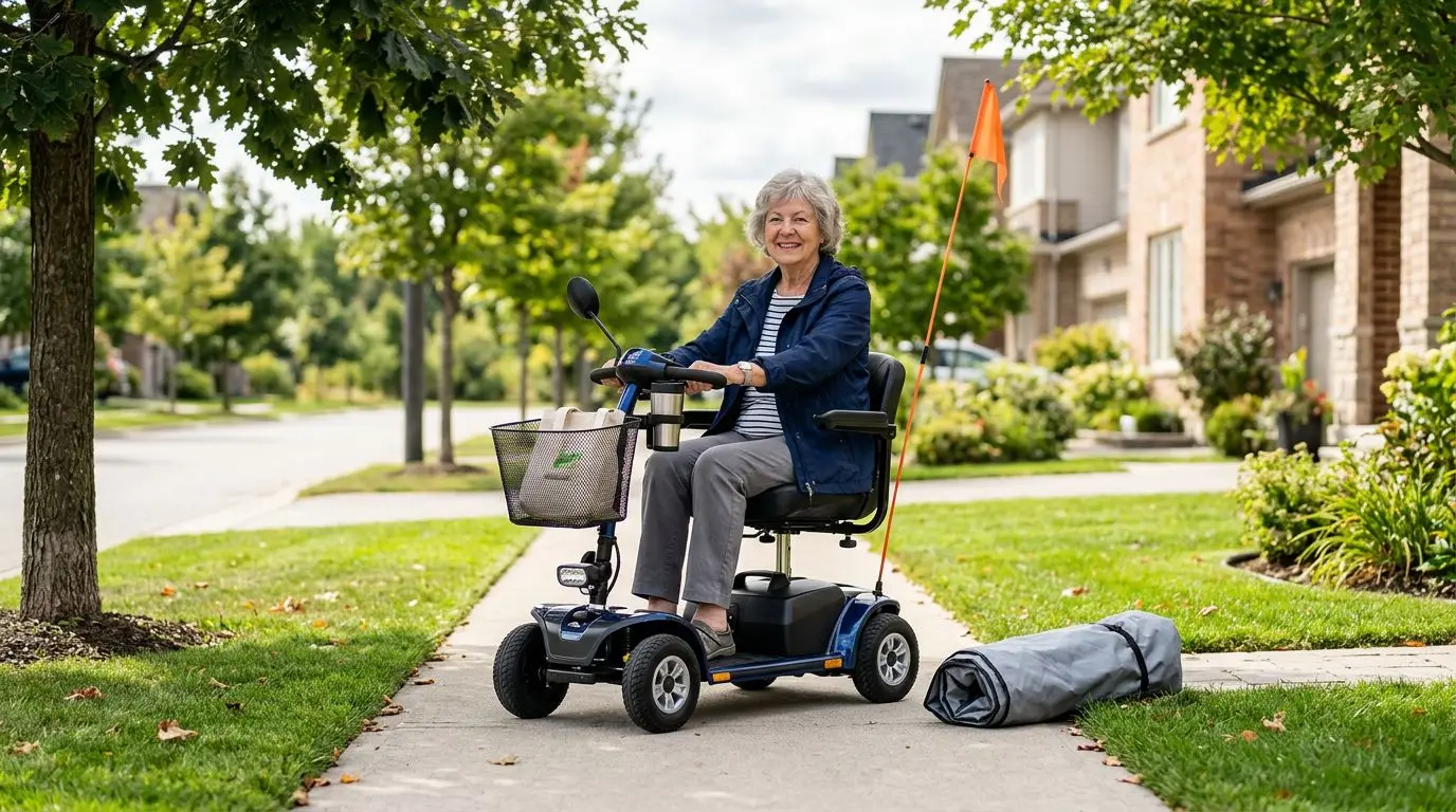 Older adult on a mobility scooter with practical safety, storage, and comfort accessories