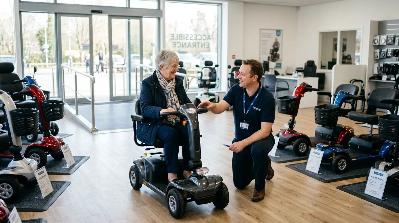 Older adult comparing mobility scooters with a local dealer specialist in a showroom