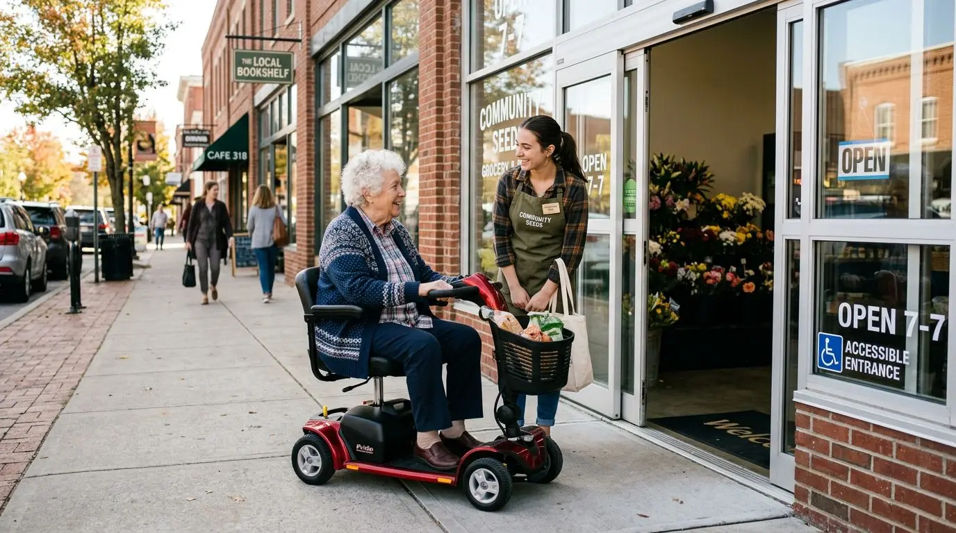 Mobility scooter user speaking with a store employee about accessible entry