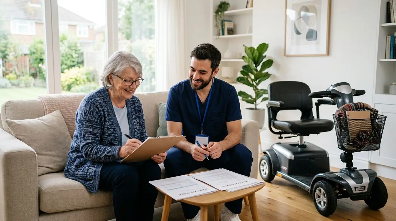 Older adult reviewing insurance paperwork beside a generic mobility scooter at home