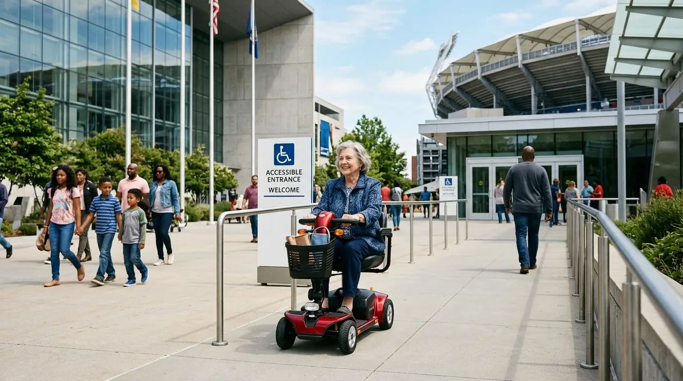 Older adult on a mobility scooter entering a public attraction through an accessible entrance