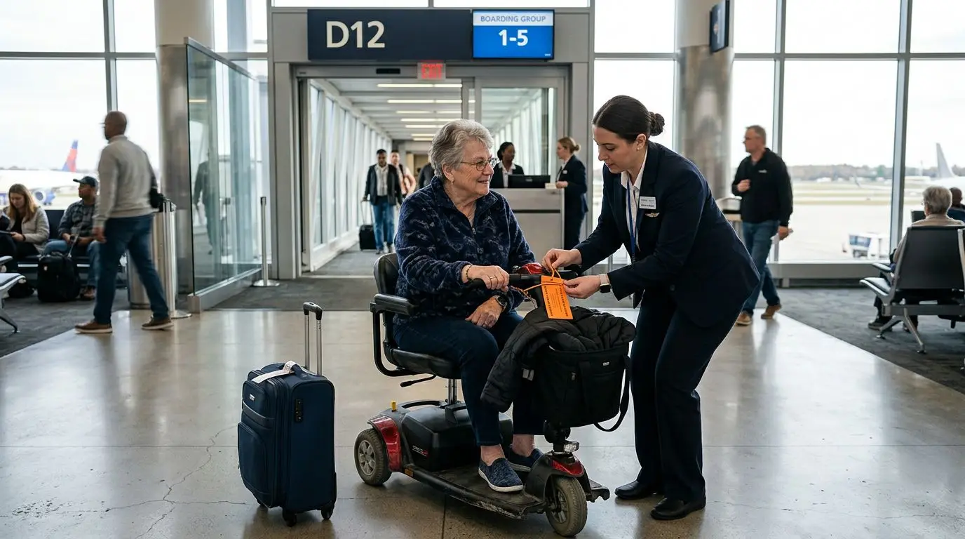 Older traveler preparing to gate check a mobility scooter at an airport gate