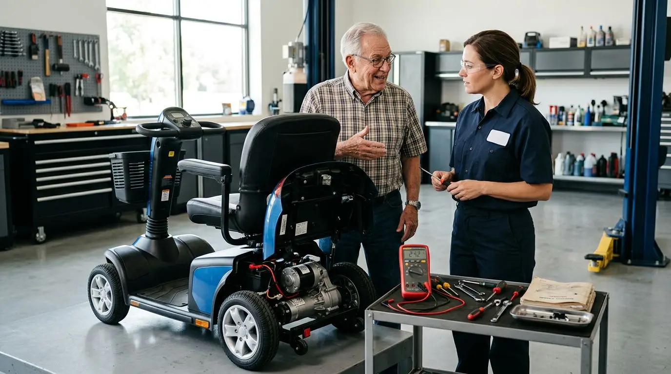 Mobility scooter being inspected for a possible motor upgrade in a workshop