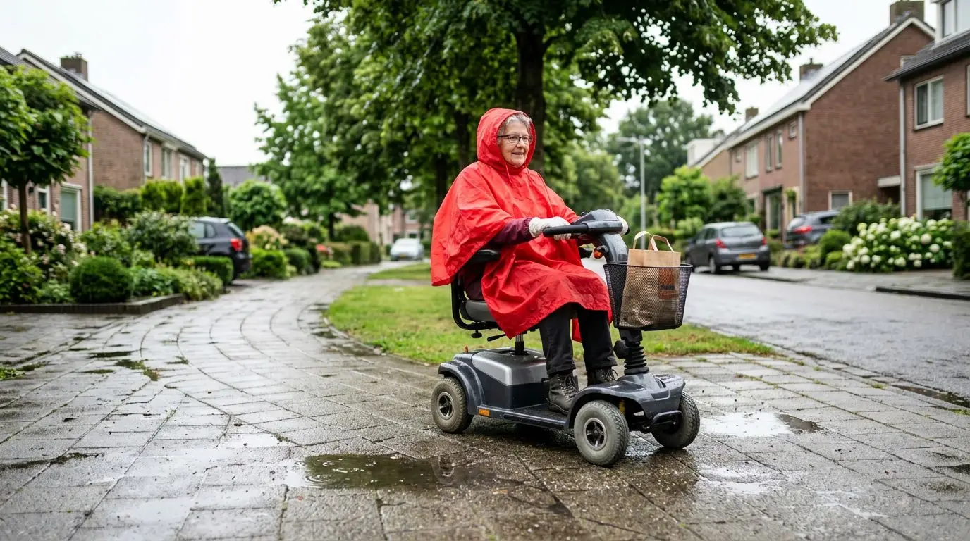 Older adult riding a mobility scooter carefully on a wet sidewalk after light rain