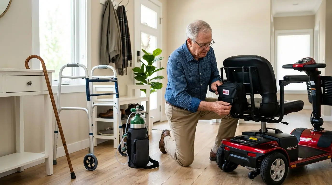 Senior checking a mobility scooter holder for a cane, walker, and oxygen tank