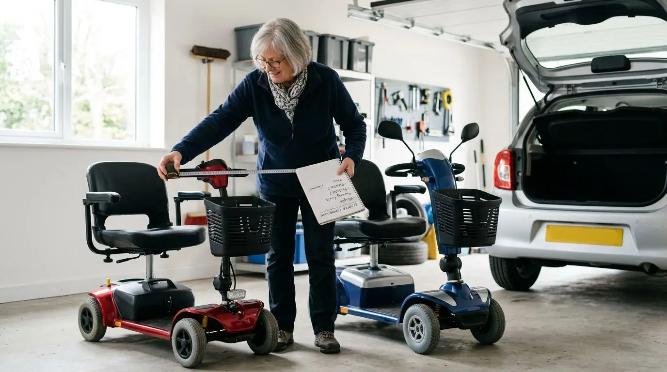 Senior comparing generic mobility scooters with a measuring tape and checklist