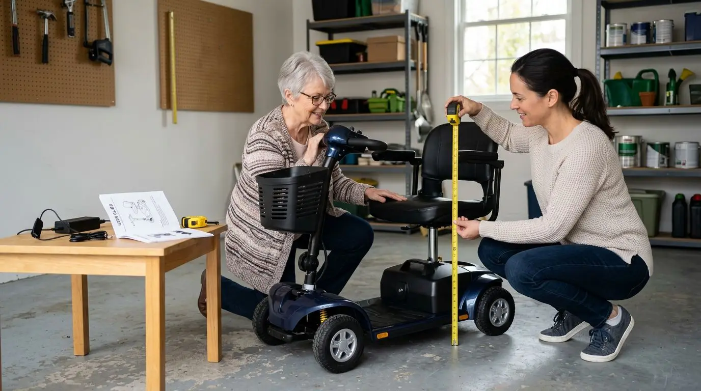 Senior shopper inspecting a compact mobility scooter with a family member before buying