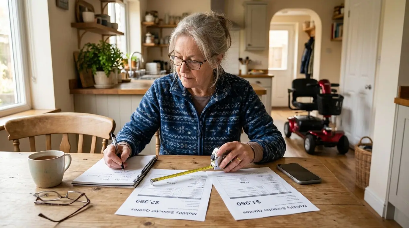 Senior comparing local mobility scooter quotes at home with a tape measure and notes