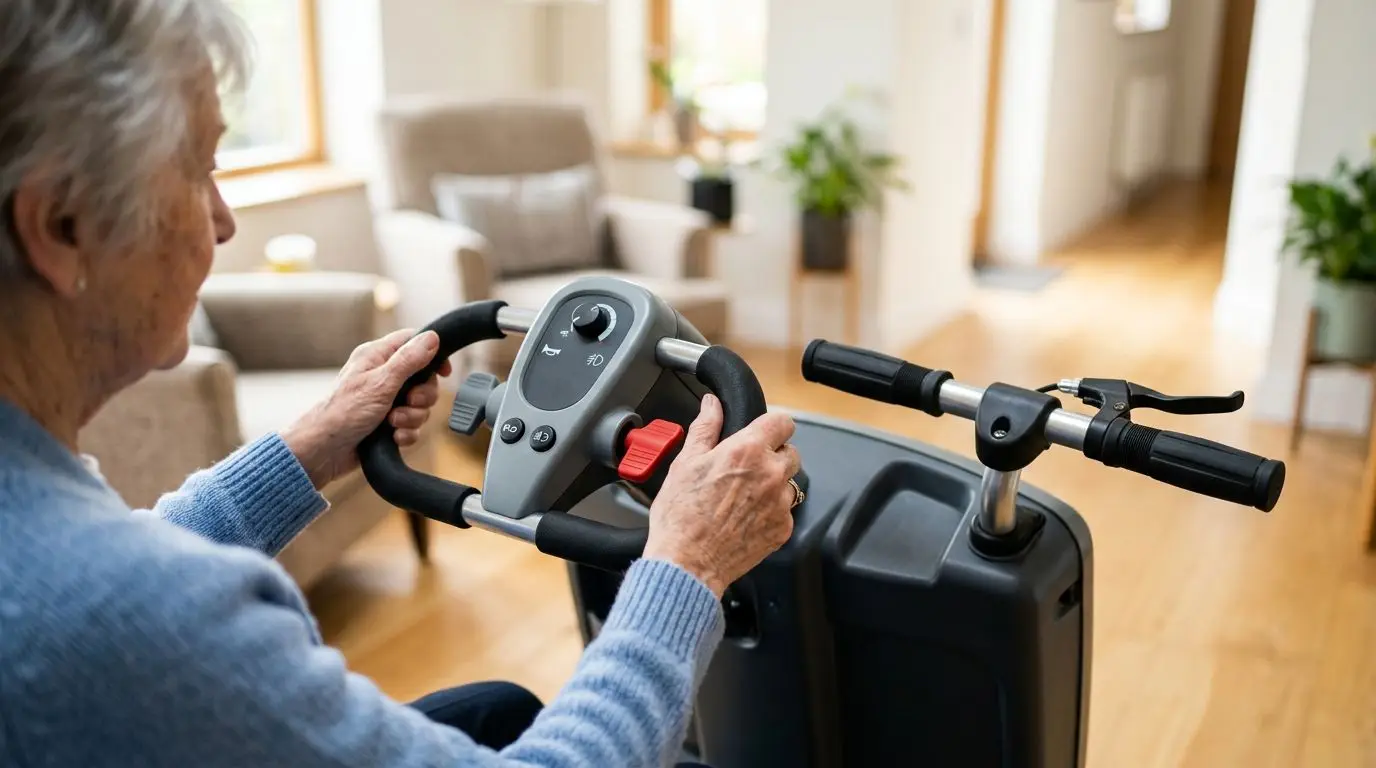Older adult comparing delta tiller and standard mobility scooter handles