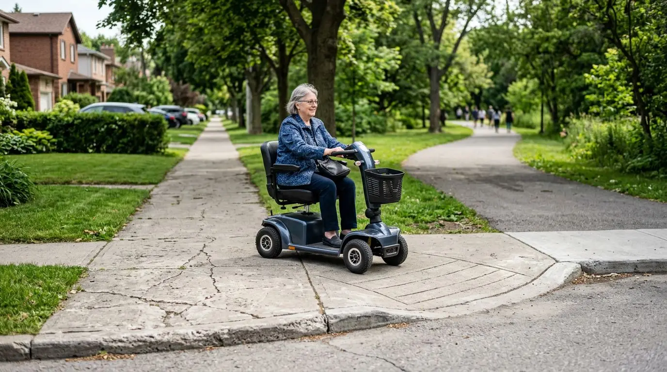 Older adult riding a mobility scooter over a sidewalk near a curb cut