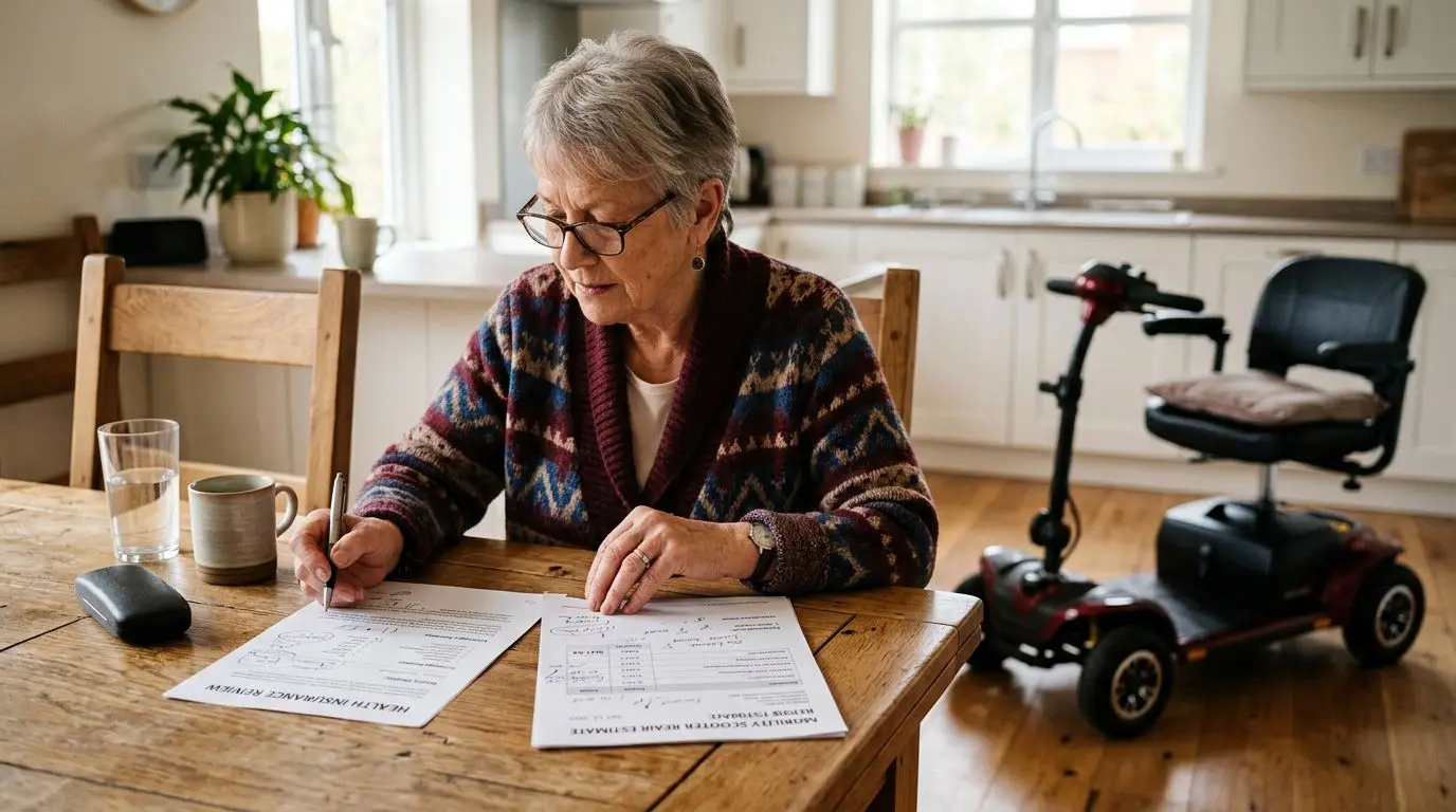 Older adult reviewing mobility scooter repair insurance paperwork at home