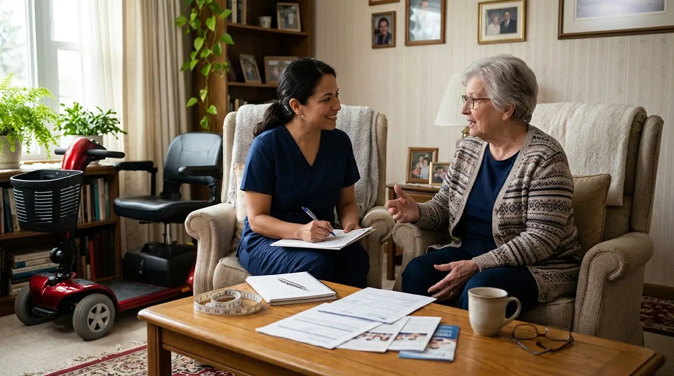 Older adult discussing Medicaid mobility scooter paperwork with a healthcare professional at home