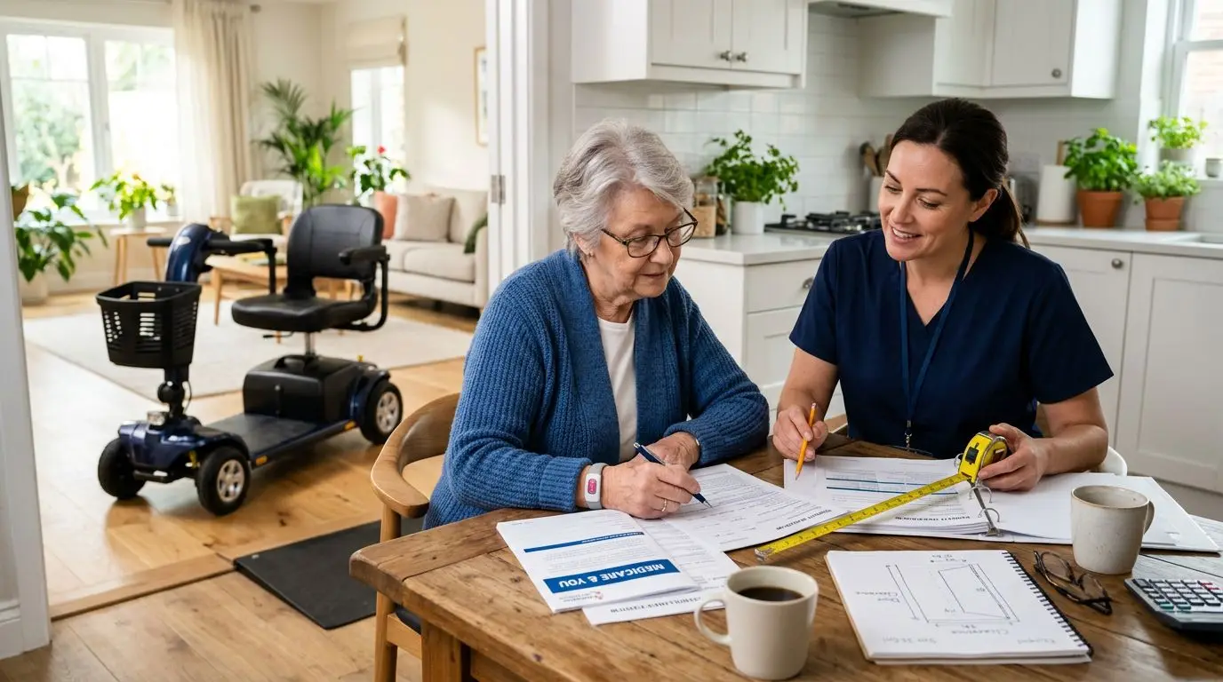 Senior reviewing insurance paperwork for a mobility scooter at home