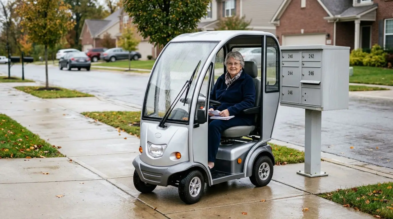 Senior rider in a generic enclosed mobility scooter on a suburban sidewalk after rain