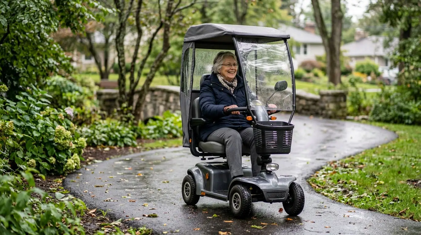 Senior rider using a canopy mobility scooter on a paved path after light rain