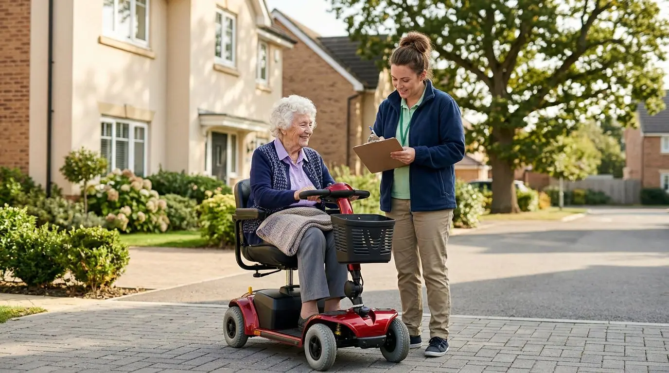 Senior mobility scooter rider reviewing a safety checklist with a caregiver before a first ride
