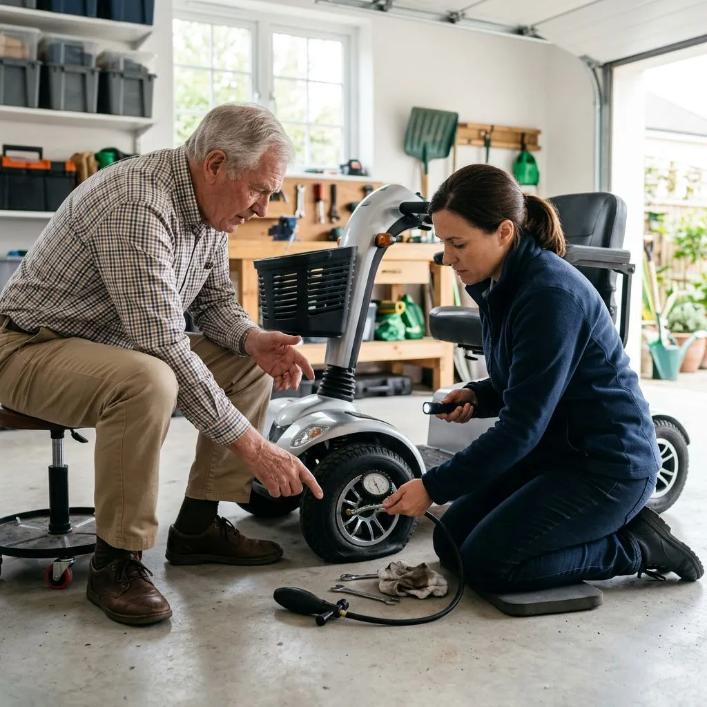 Older adult inspecting a flat mobility scooter tire with a caregiver and tire gauge