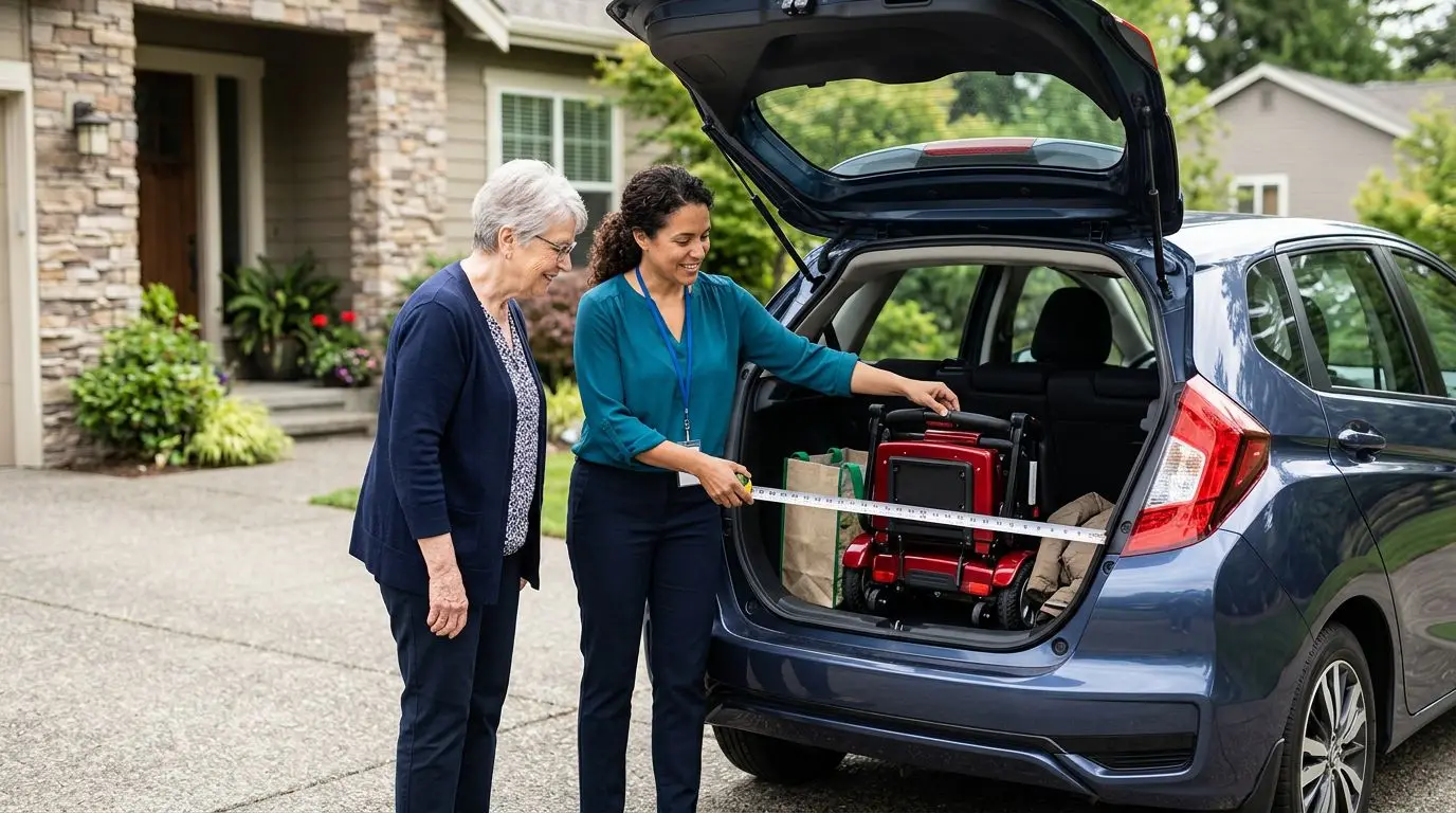 Older adult and caregiver measuring a foldable lightweight mobility scooter next to an open car trunk