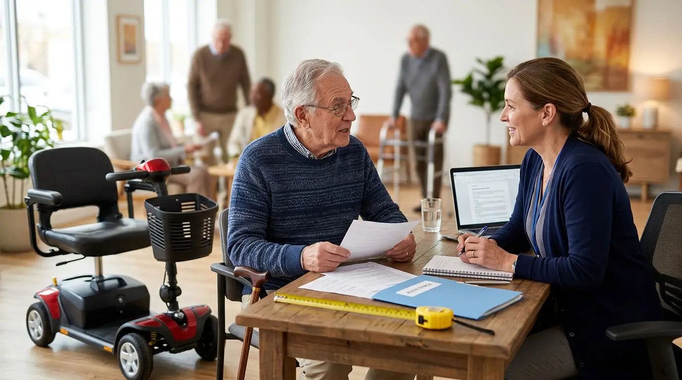 Older adult getting local assistance for a mobility scooter application