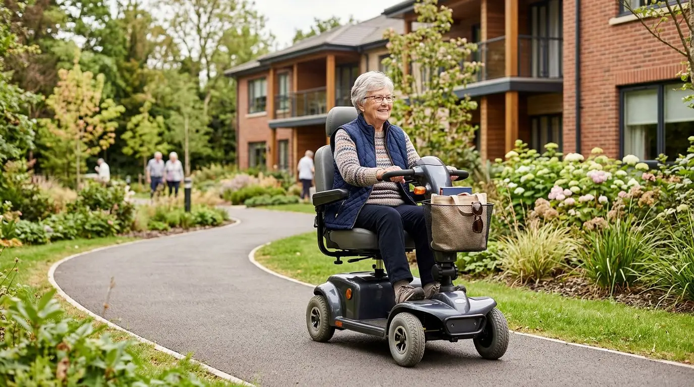 Older adult using a full-size mobility scooter on a paved community path