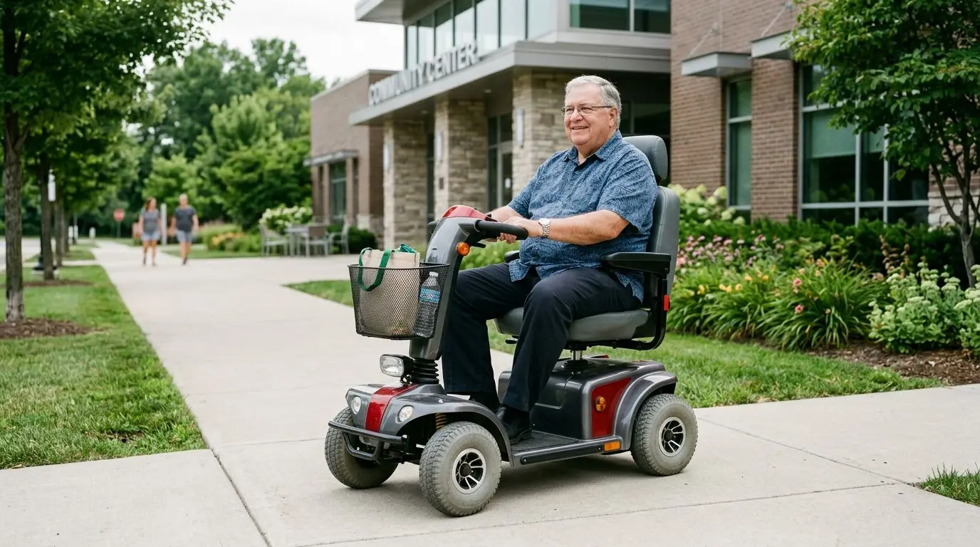 Heavier older adult using a sturdy four-wheel mobility scooter on a sidewalk