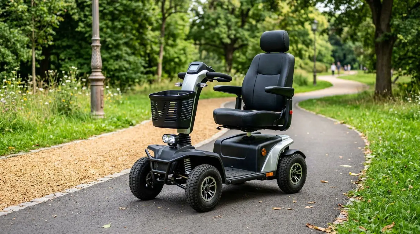 Heavy-duty all-terrain mobility scooter on an outdoor park path