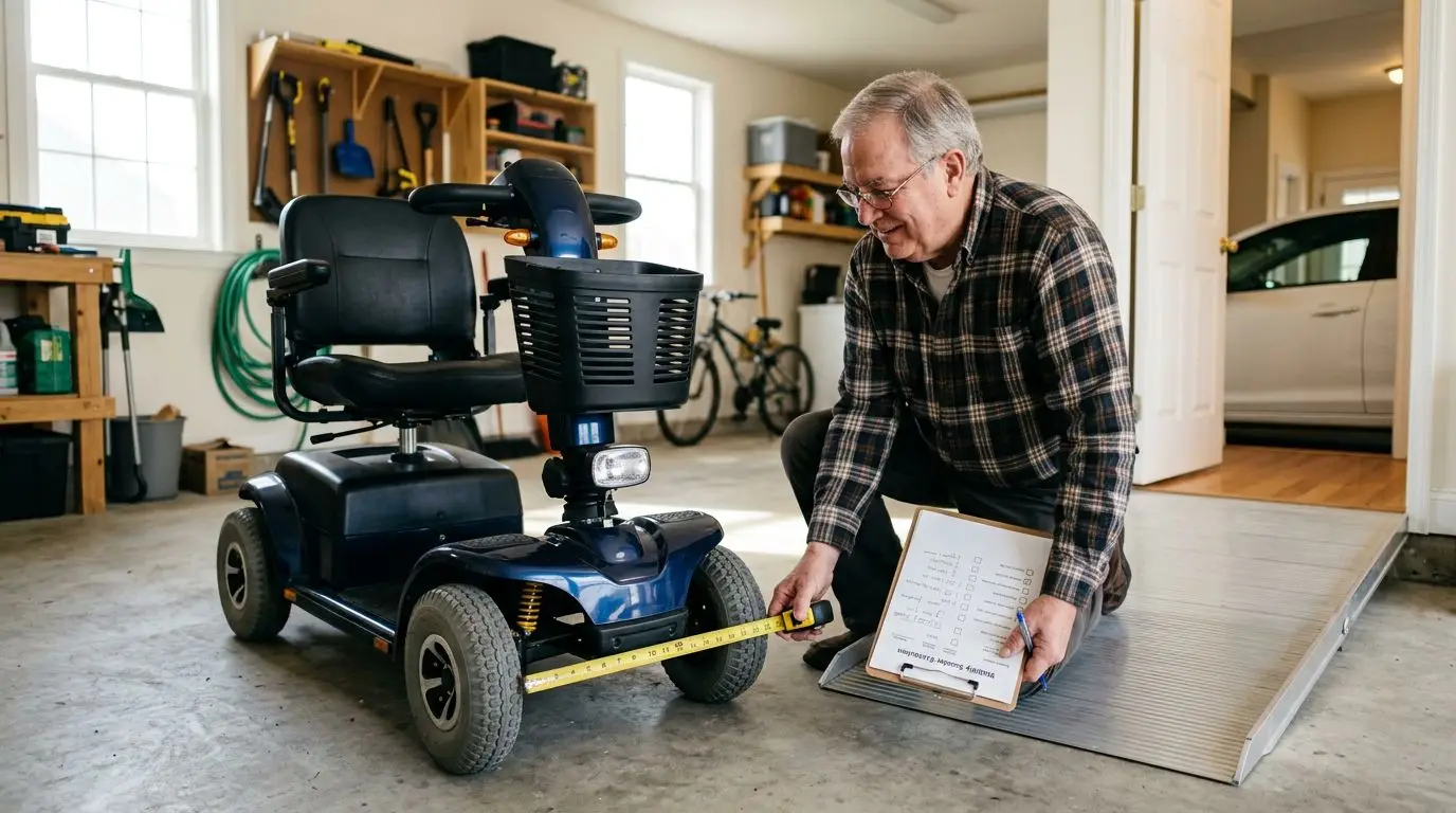 Heavier adult measuring a heavy-duty mobility scooter near a doorway and ramp