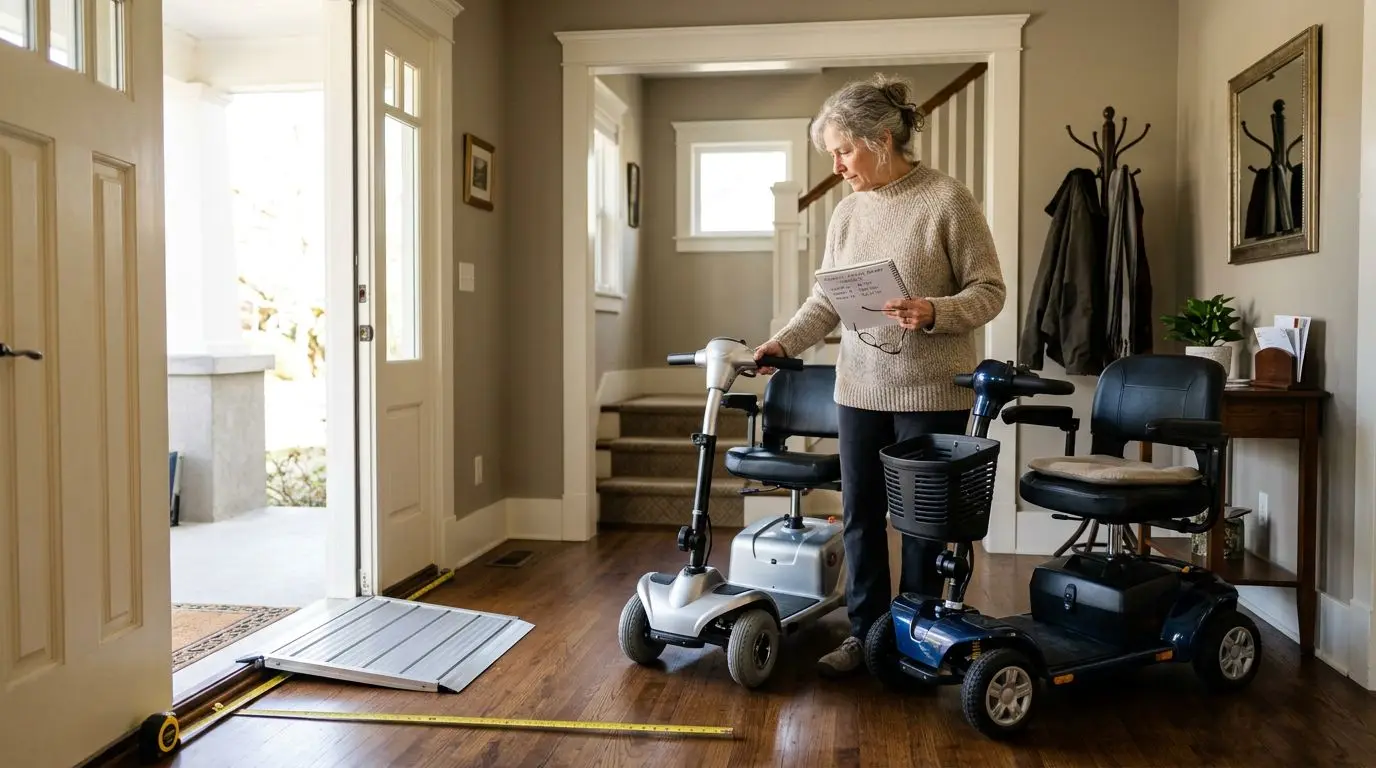 Senior comparing mobility scooter costs and measurements at home