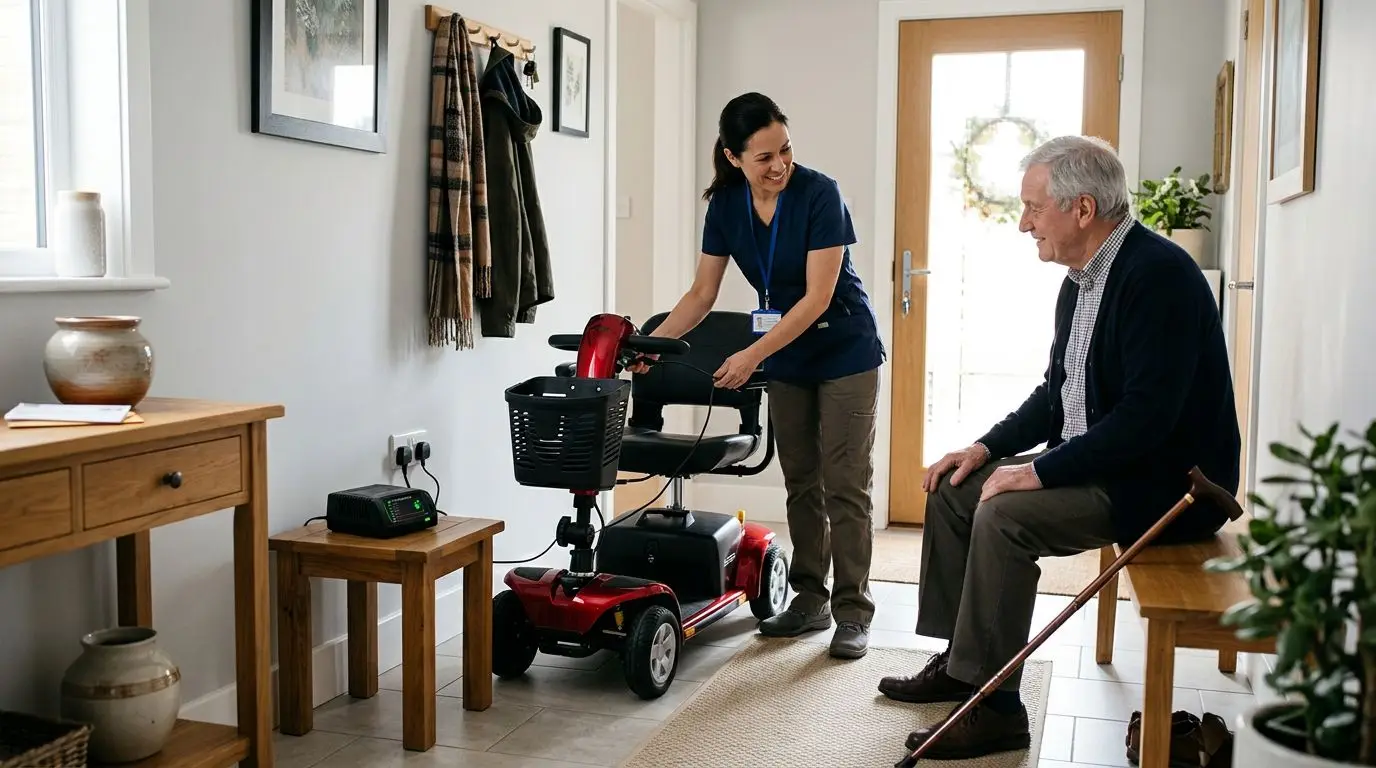 Older adult and caregiver safely charging a mobility scooter at home