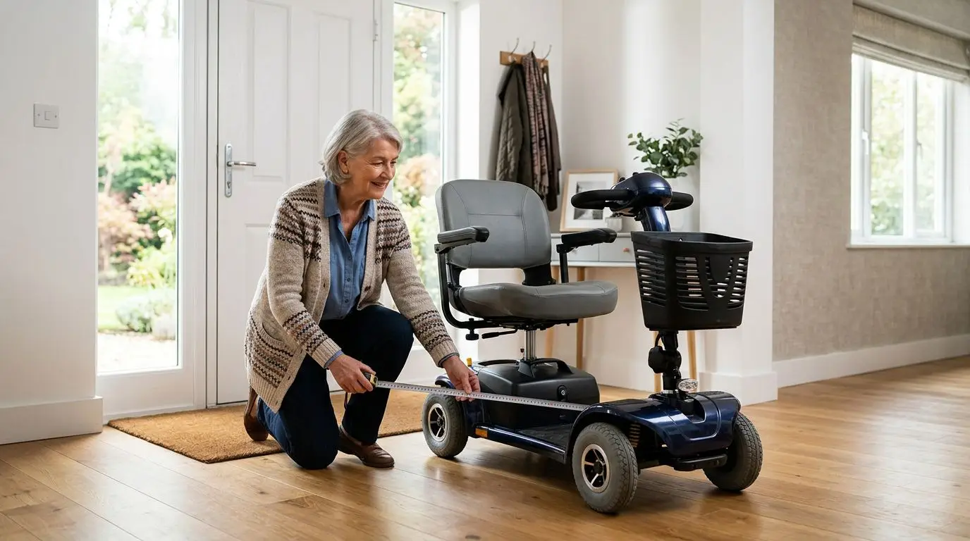Senior adult measuring a doorway while choosing a mobility scooter for home and daily use