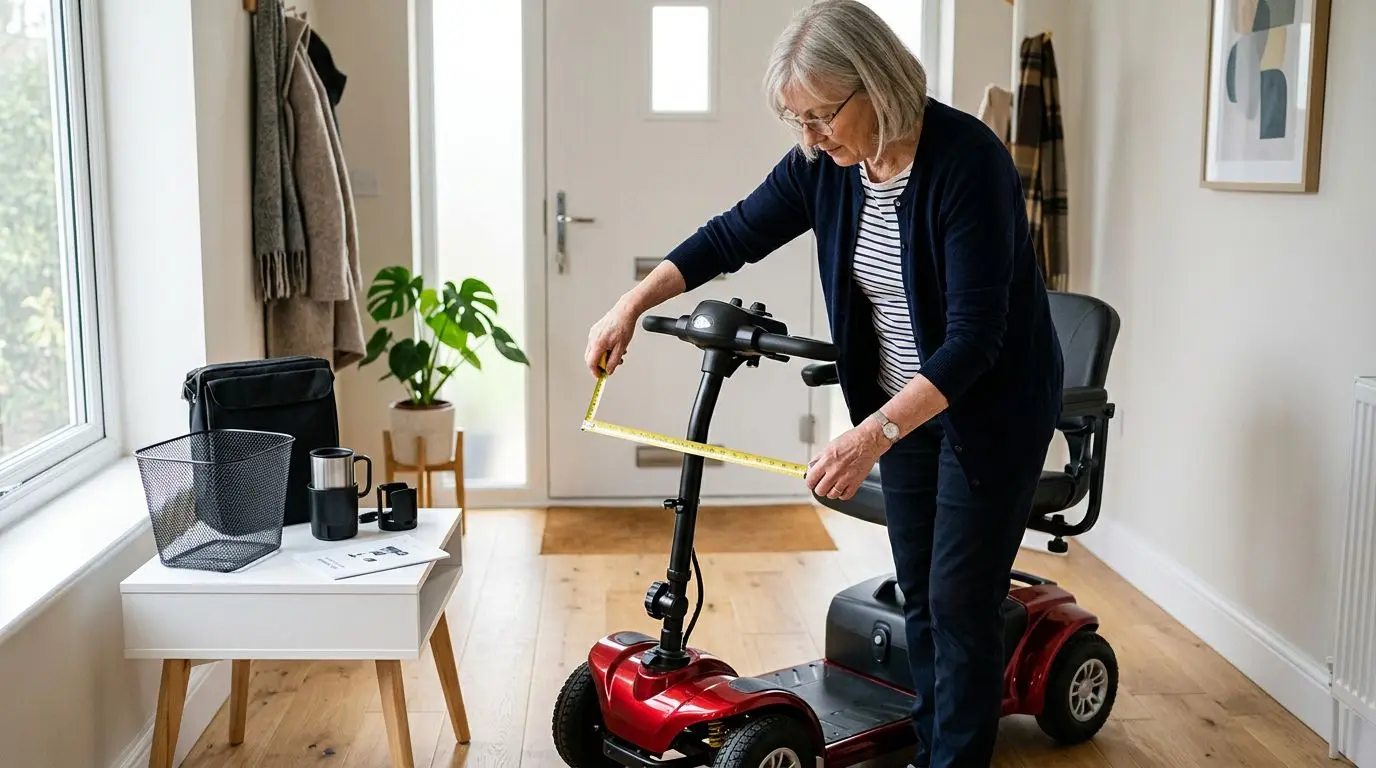 Older adult measuring a mobility scooter tiller before choosing accessories