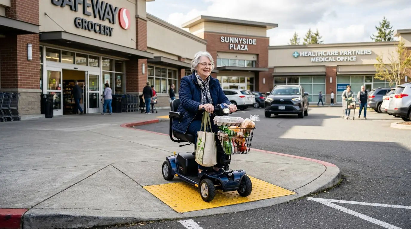 Older adult on a compact mobility scooter near stores and a medical office