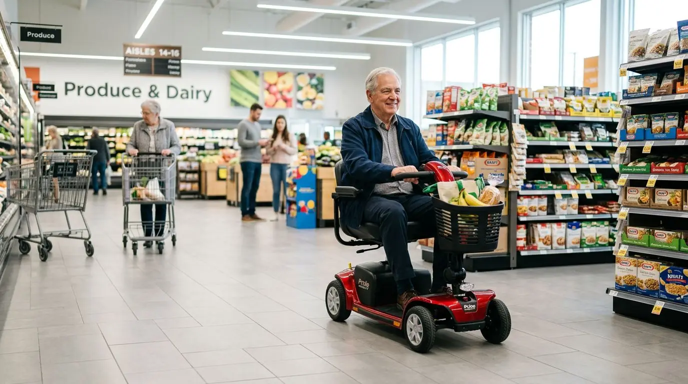 Senior shopper driving a mobility scooter safely in a grocery store aisle