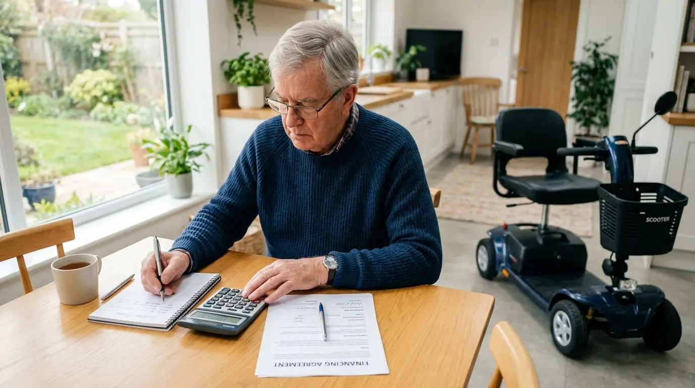 Older adult reviewing mobility scooter financing paperwork at home