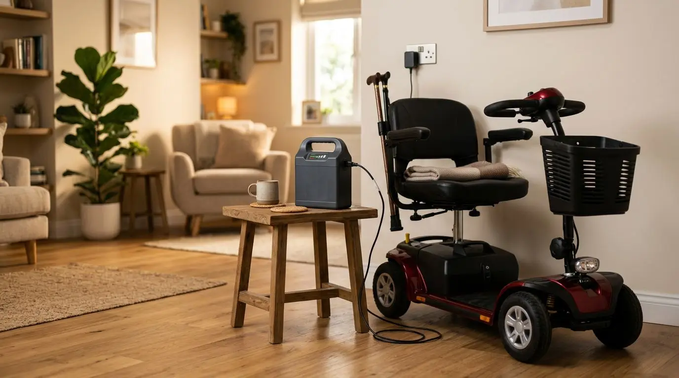 Mobility scooter battery charging indoors in a safe, dry location