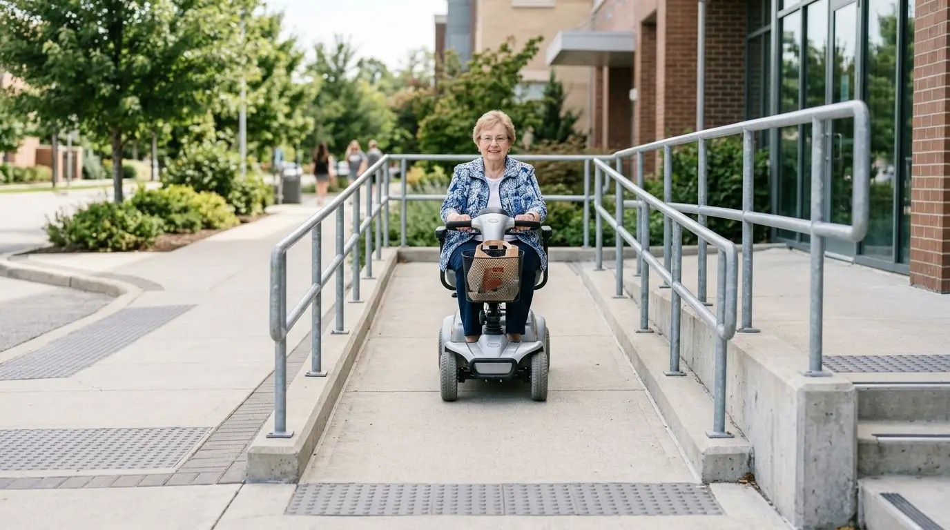 Older adult riding a mobility scooter safely up a gentle outdoor ramp