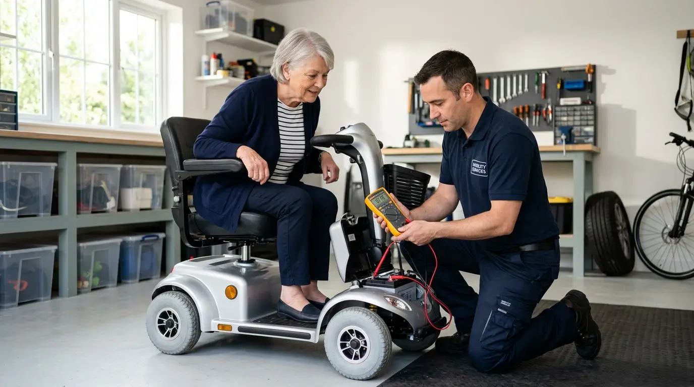 Technician checking a mobility scooter battery voltage with a digital multimeter