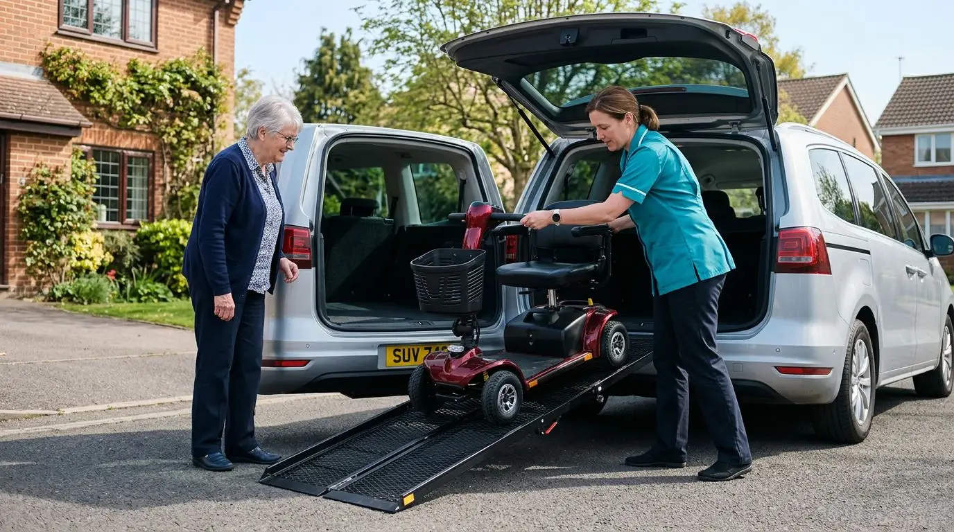 Senior adult comparing car transport options for a mobility scooter with a ramp and minivan