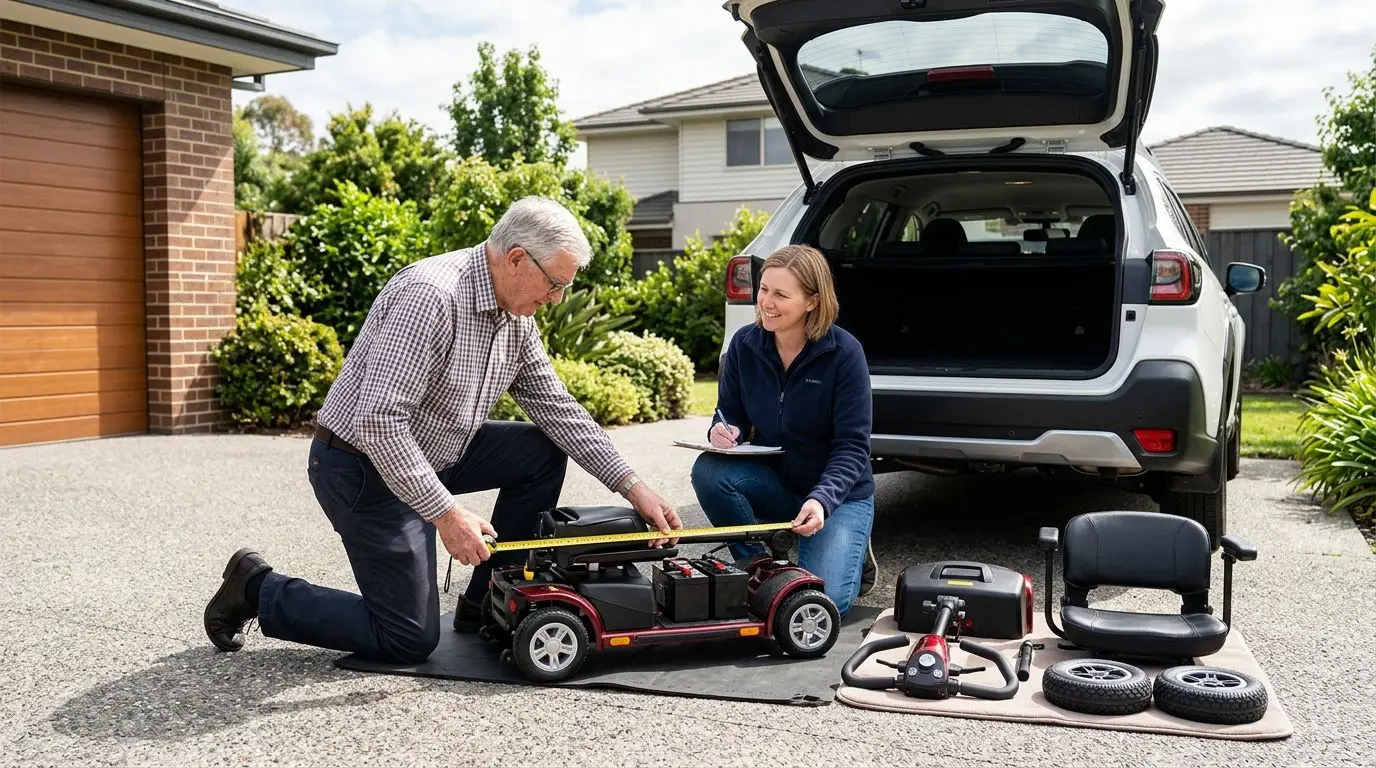 Person measuring a mobility scooter beside an open SUV hatch before transport