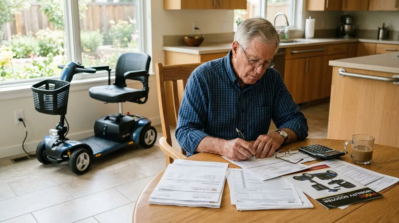 Older adult reviewing HSA and tax paperwork for a mobility scooter purchase