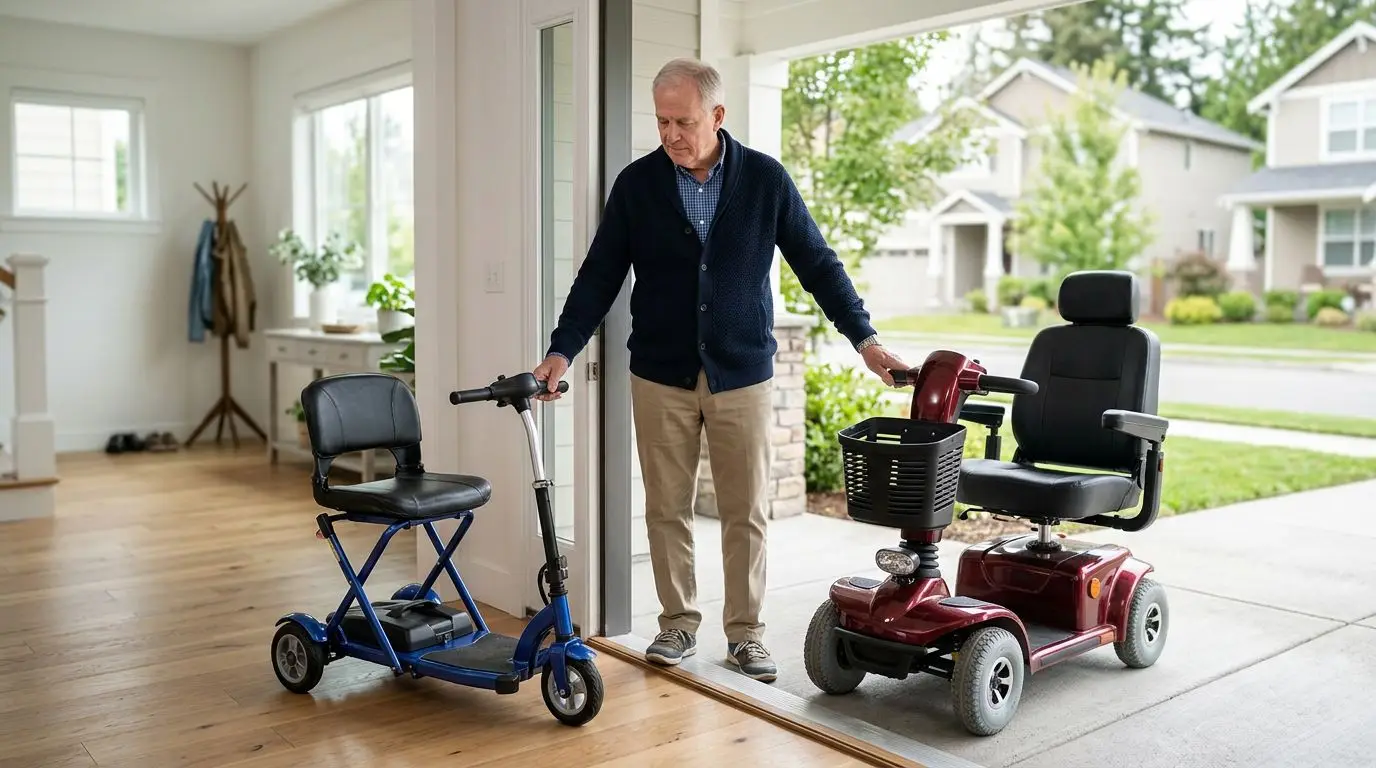 Older adult comparing an indoor mobility scooter with a larger outdoor mobility scooter near a home entrance