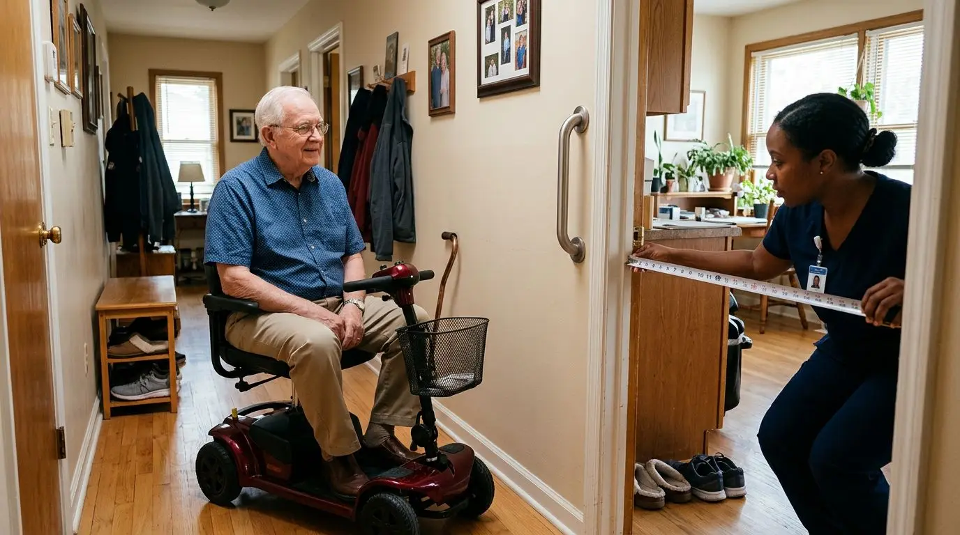 Older adult using a mobility scooter inside a home hallway while a doorway is measured